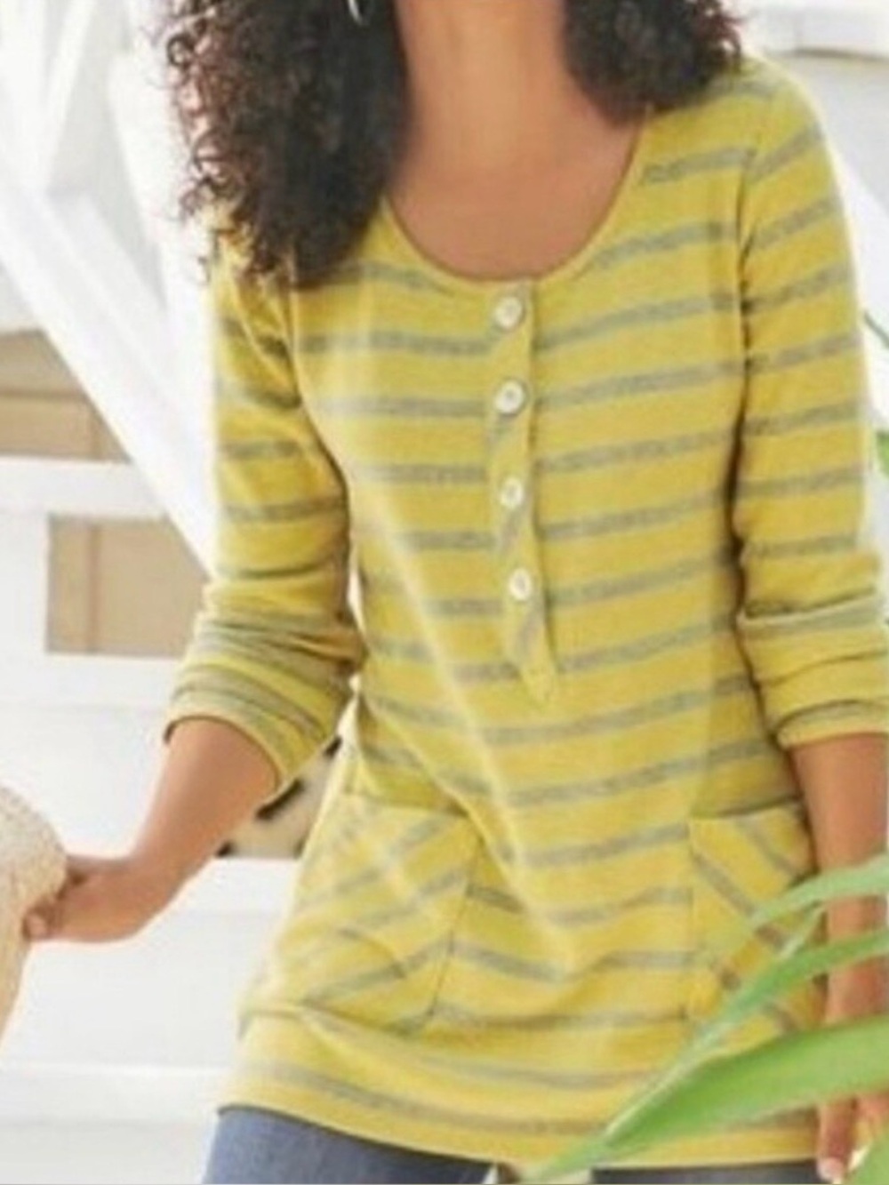 Soft Surroundings yellow gray Striped Parker Tunic Sweater Top Large